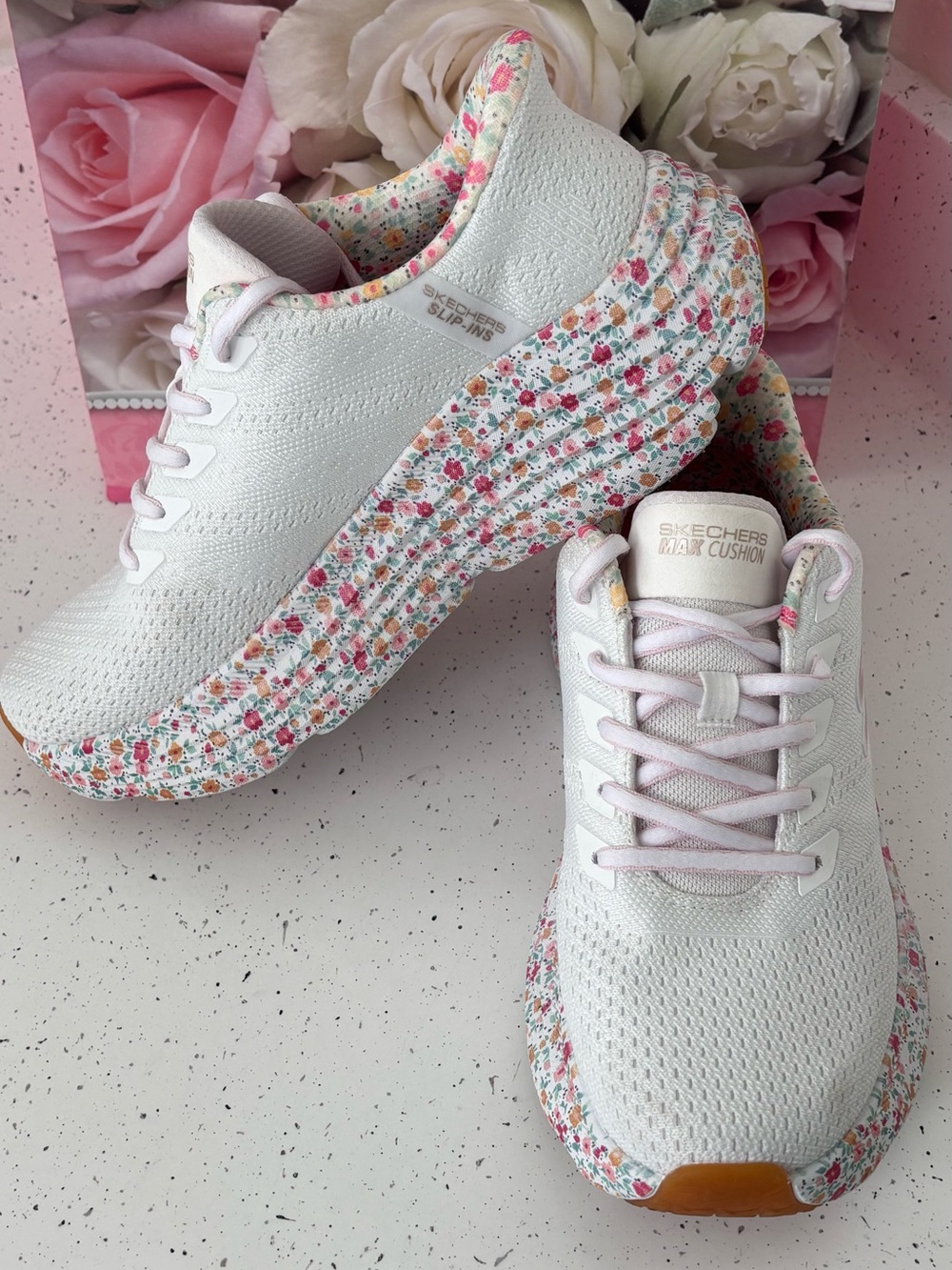 Skechers Women’s White Knit Sneakers with Pink Floral Midsole - Picture 2 of 8